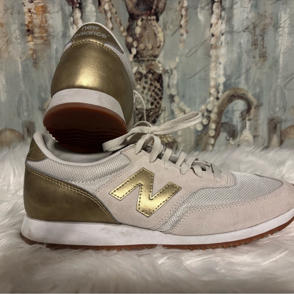 New Balance Women's Metallic Gold and White Sneakers